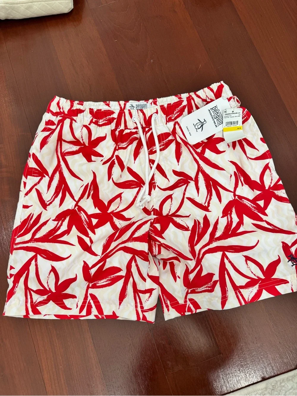 Original Penguin Red and White Leaf-Print Men's Swim Trunks